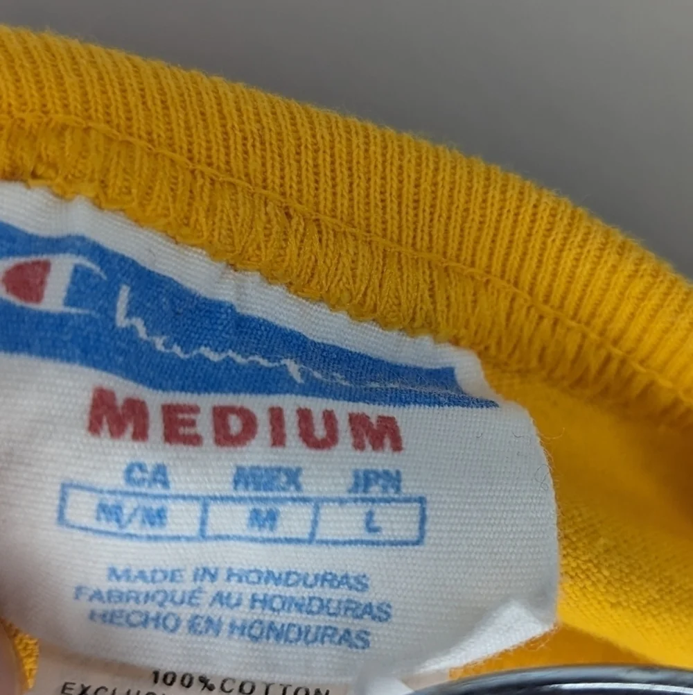 Champion Shirt Mens Medium Yellow Spellout Script Logo Gym Cotton Casual - Picture 5 of 6